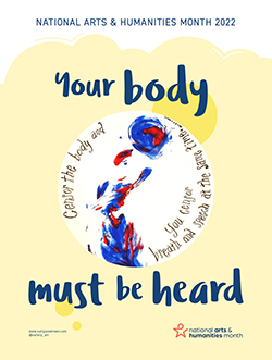 A light yellow background with a white circle in the middle. In the white circle are blue and red paint strokes along with the words 'censor the body and you censor breath and speech at the same time.'